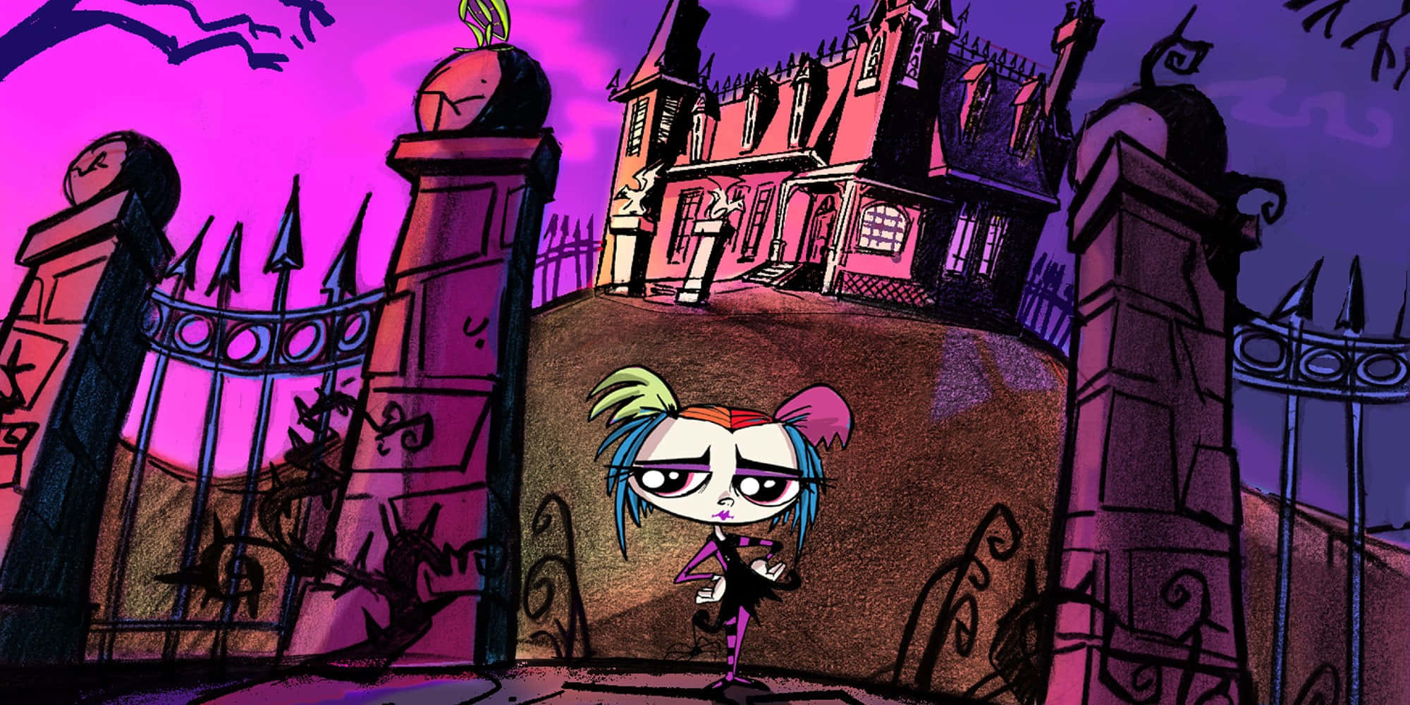 Cartoon 桌布 壁紙 — 一個色彩繽紛頭髮的卡通女孩站在一個陰森的大宅門前，背景是充滿活力的紫色天空。