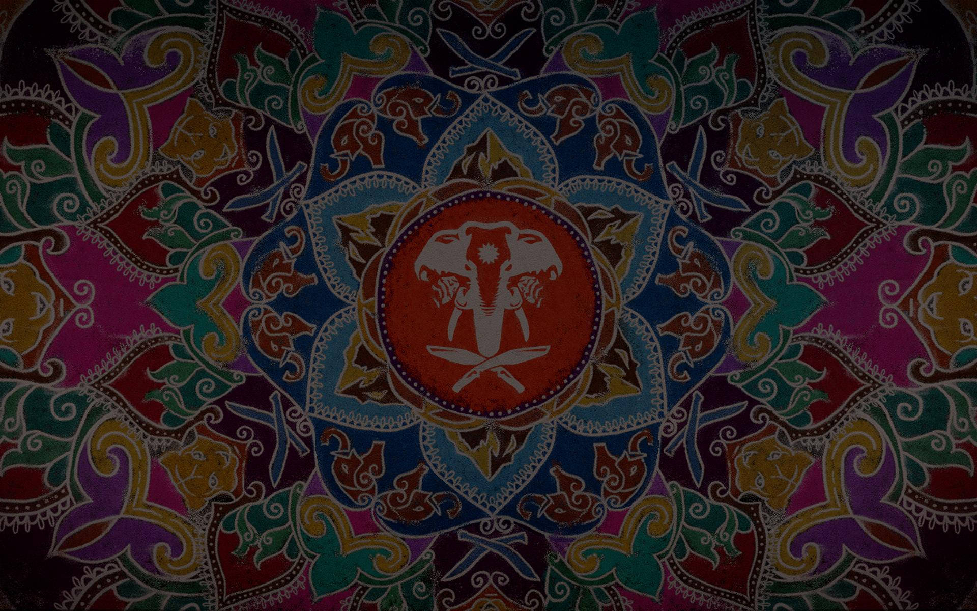 Far Cry 4 桌布 壁紙 — 一個色彩豐富的對稱曼陀羅，中央有一個紅色圓圈，內有白色大象和交叉的劍，周圍環繞著複雜的花卉圖案。