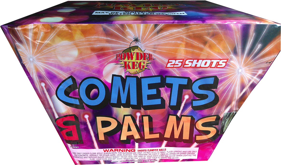 Logo Design 桌布 壁紙 — 一個色彩鮮豔的 'Comets & Palms' 煙火盒，有25發，帶有爆炸性圖案和粗體文字，背景為黑色。