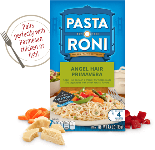 Pasta 桌布 壁紙 — 一個色彩鮮豔的Pasta Roni Angel Hair Primavera盒子，周圍是新鮮蔬菜和帕瑪森起司。