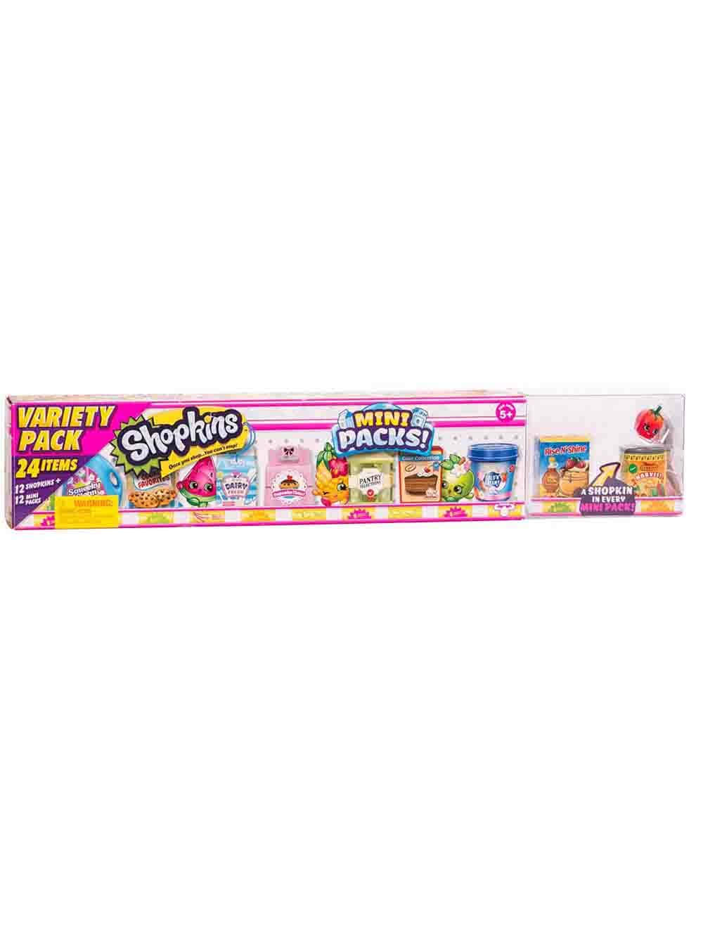 Shopkins 桌布 壁紙 — 一個色彩鮮豔的Shopkins多樣包裝盒，展示24個帶有卡通食物角色的迷你玩具。