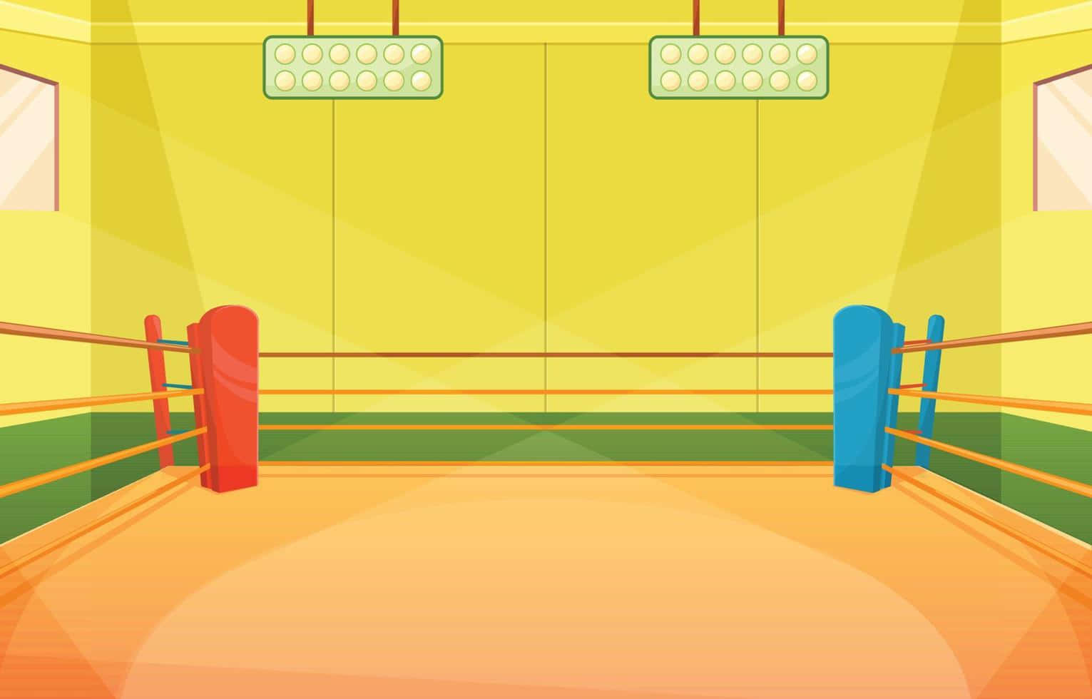 Boxing Ring 桌布 壁紙 — 一個色彩鮮豔的卡通拳擊擂台，在黃色牆壁的健身房中，紅色和藍色角落被閃爍的聚光燈照亮。