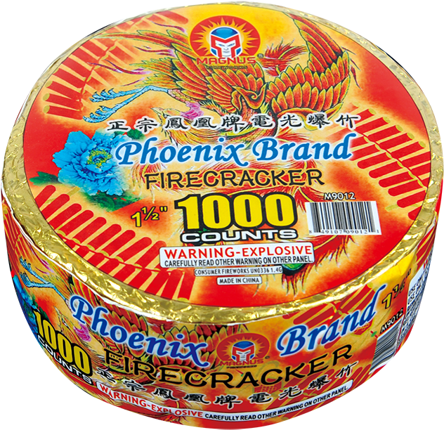 Firecracker 桌布 壁紙 — 一個色彩鮮豔的圓形鳳凰牌爆竹盒，包裝以紅、金、橙色為主，上面有火焰鳳凰和藍色花朵圖案。