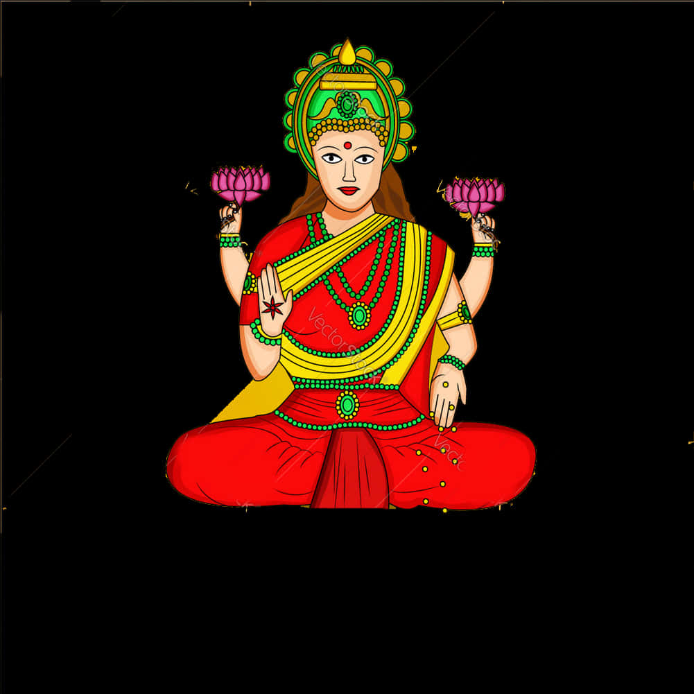 吉祥天女 桌布 壁紙 — 一個色彩鮮豔的插圖神祇，有四隻手臂，盤腿打坐，手持粉紅色蓮花，背景為黑色。