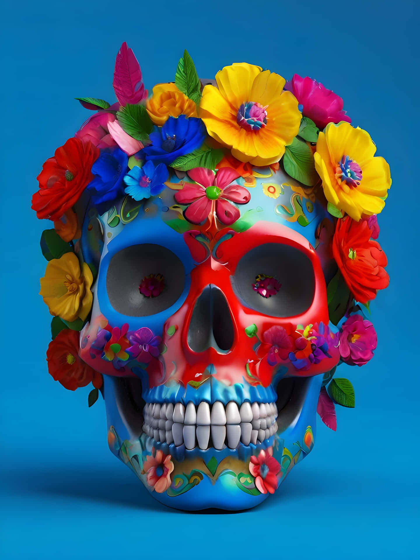 Flower Skull 壁紙 — 一個色彩鮮豔的糖骷髏，飾有彩色花朵和複雜圖案，背景為純藍色。