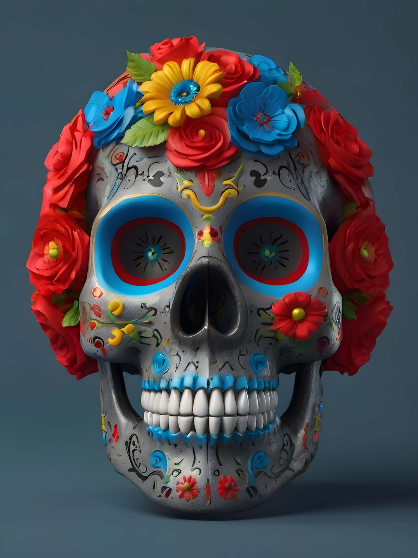Flower Skull 壁紙 — 一個色彩鮮豔的糖骷髏，飾有紅色、藍色和黃色紙花，背景為柔和的灰色。