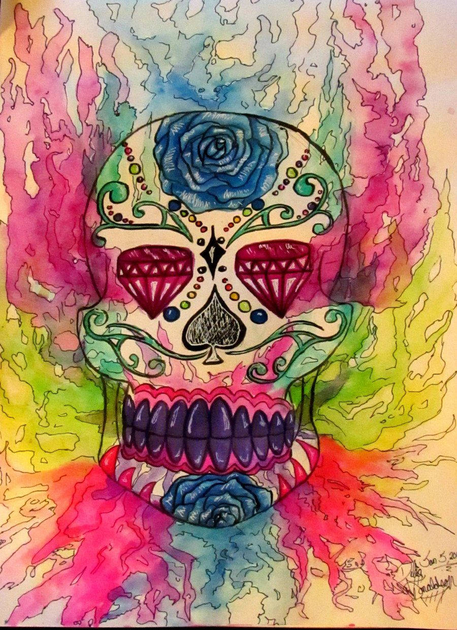 糖骷髏 桌布 壁紙 — 一個色彩鮮豔的糖骷髏，飾有藍色玫瑰和寶石眼睛，背景是火熱的水彩畫。