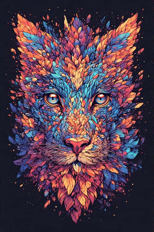 Vibrant Inspiring Digital Art Idea Sparking 8K 壁紙 — 一個色彩鮮豔的貓臉，由火橙色和電光藍色的葉子組成，背景為深色。
