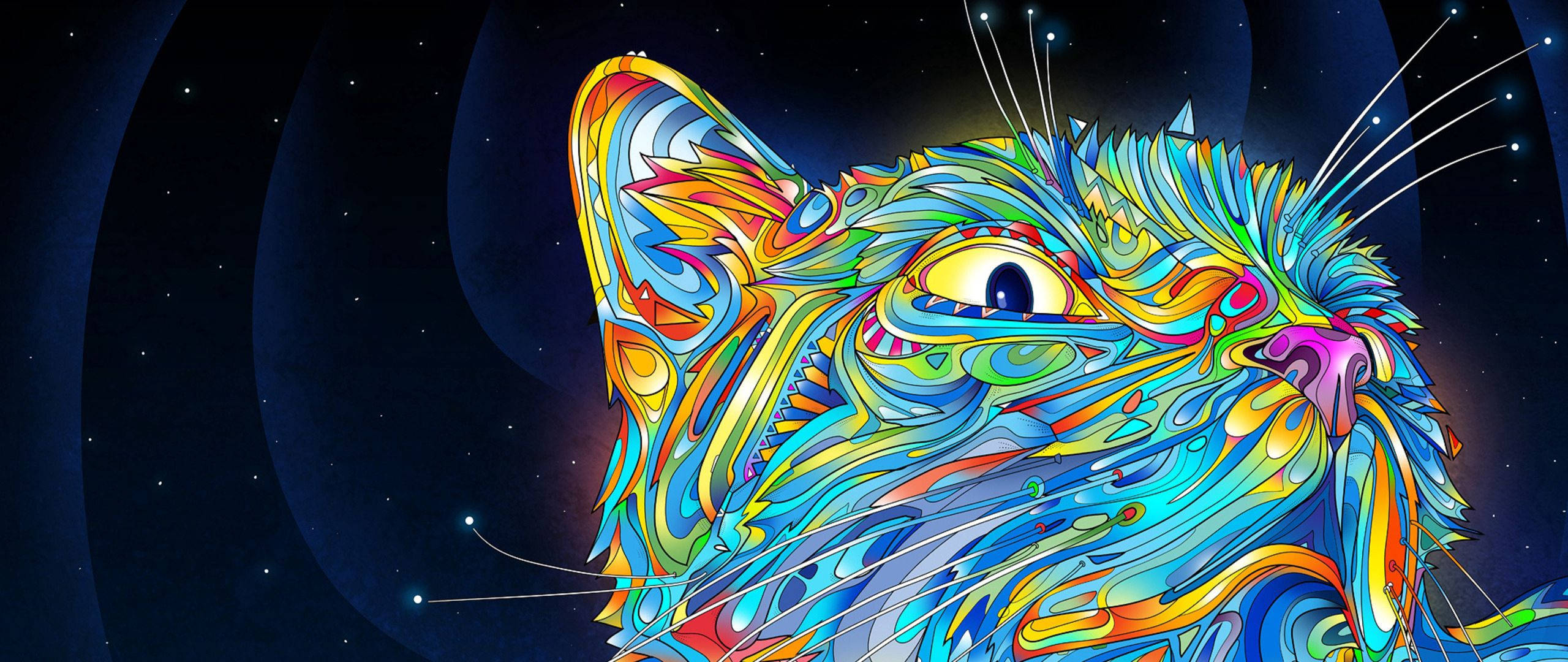 vector 桌布 壁紙 — 一個色彩鮮豔的迷幻貓頭，帶有漩渦圖案，凝視著星空宇宙背景。