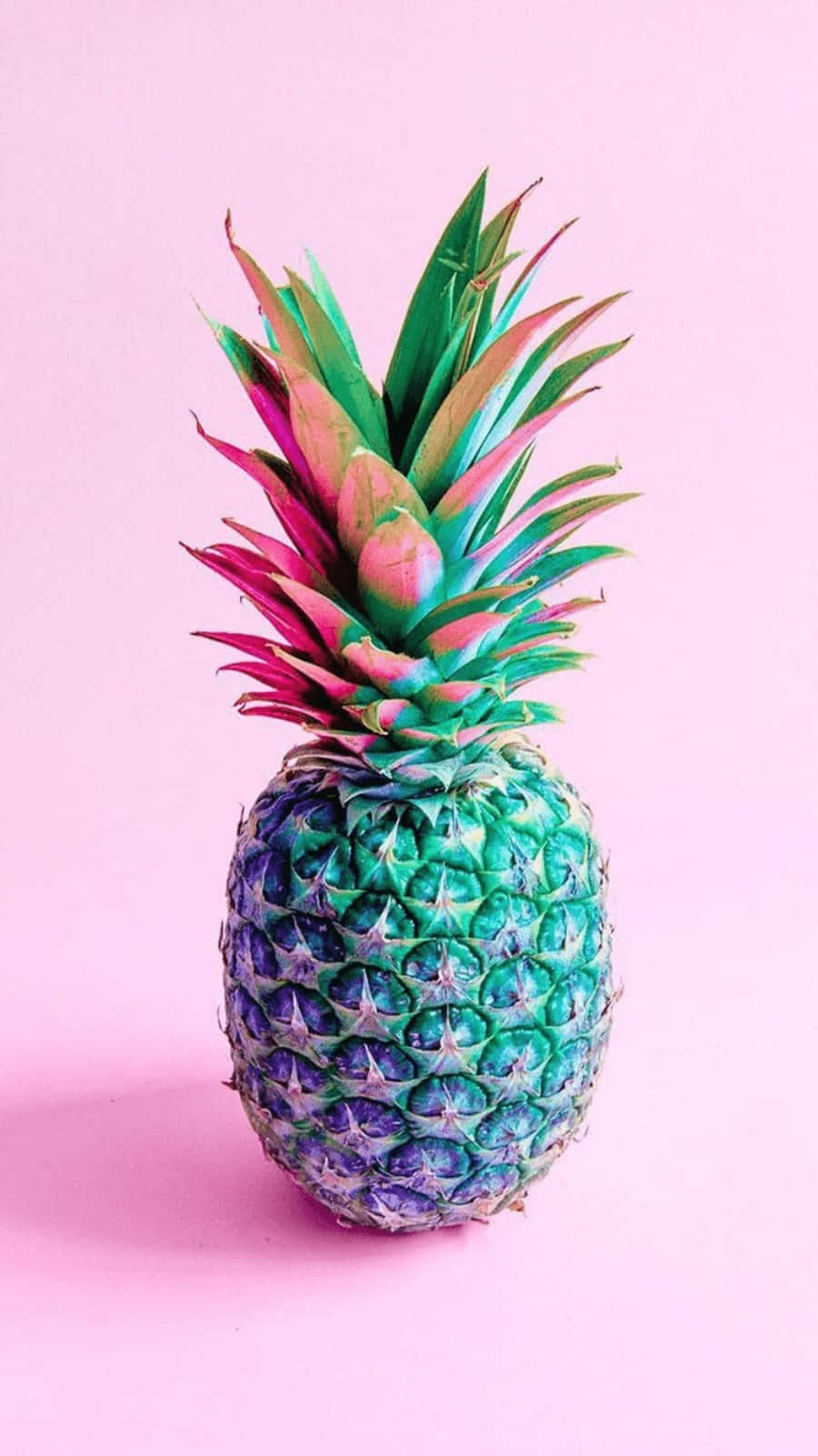 Pineapple 桌布 壁紙 — 一個色彩鮮豔的鳳梨，帶有虹彩藍綠色身體和粉紅色綠色冠部，立在柔和的粉紅色背景前。
