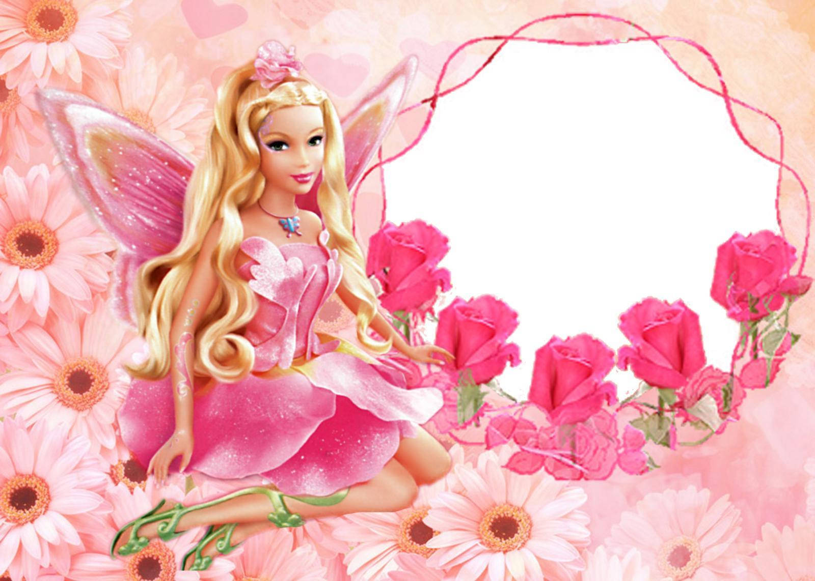 Birthday 桌布 壁紙 — 一個芭比仙子，粉紅色翅膀和裙子，優雅地坐在粉紅色玫瑰和雛菊中，構成一個夢幻的花卉場景。