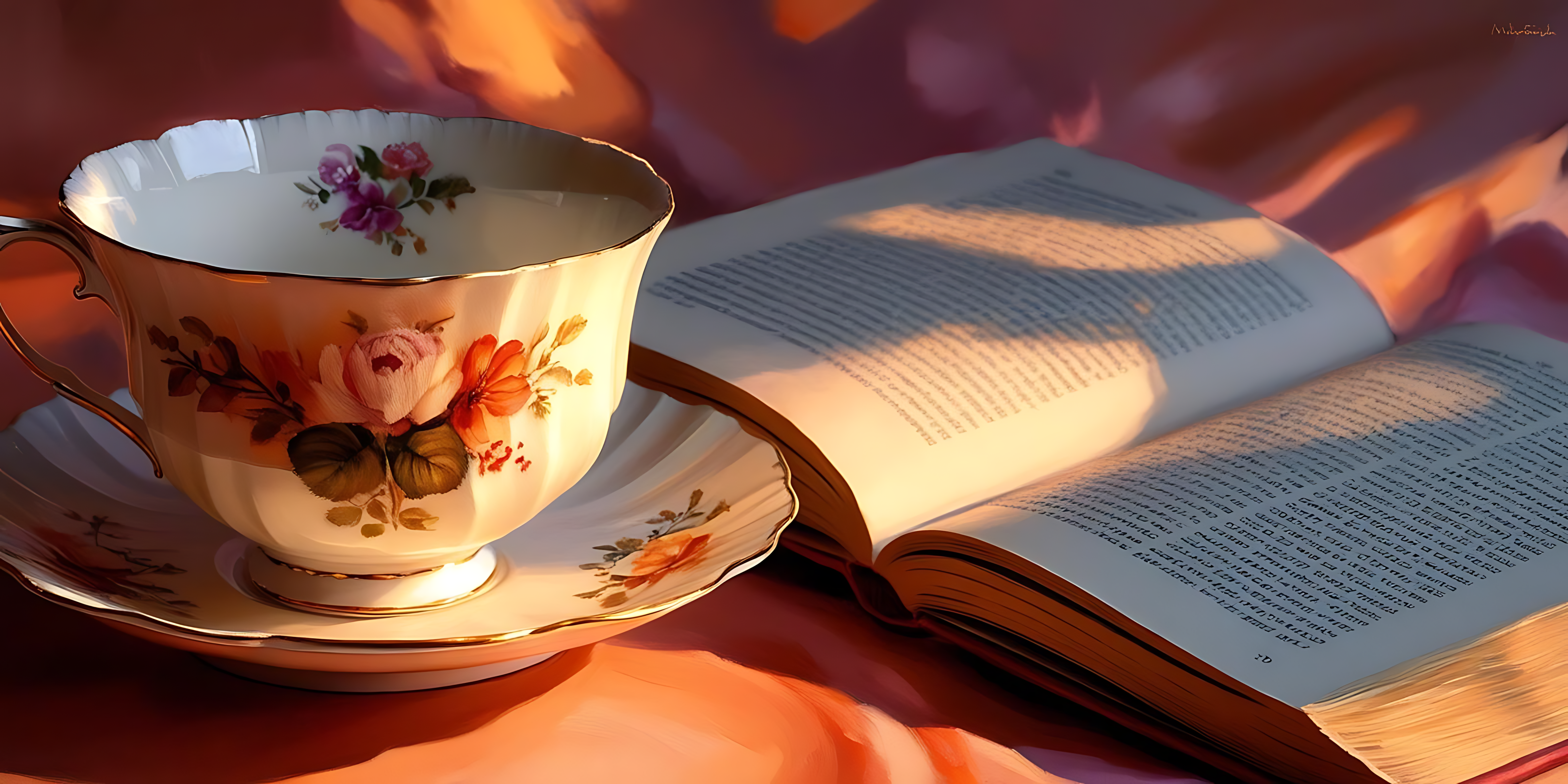cup 桌布 壁紙 — 一個花卉圖案的茶杯和碟子放在一本打開的書旁邊，書本沐浴在溫暖的金色陽光下，置於柔軟的布料表面上。