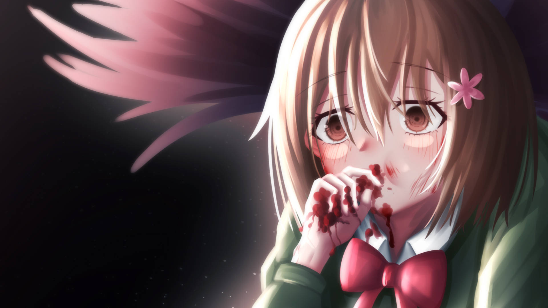 Creepy Anime 桌布 壁紙 — 一個苦惱的動漫女孩，粉紅色頭髮，頭上戴著花，在黑暗背景下用沾滿鮮血的手捂住嘴巴。