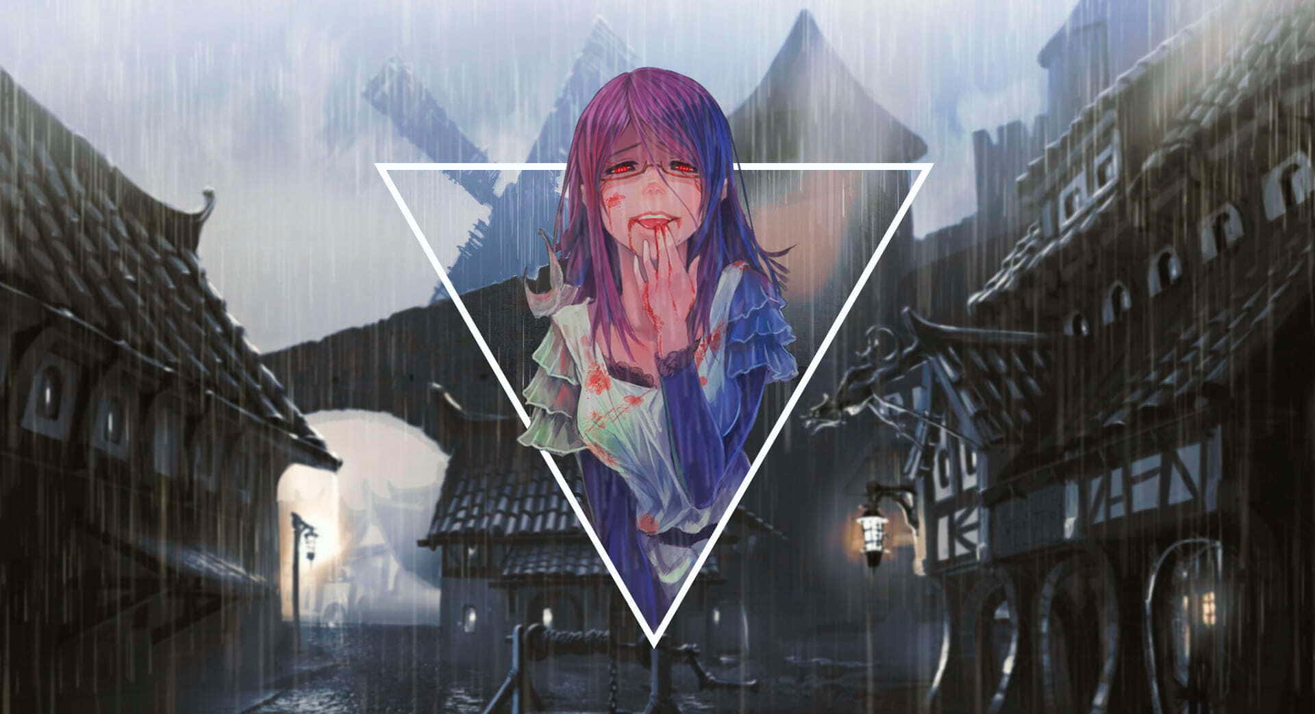 Rize Kamishiro 桌布 壁紙 — 一個苦惱的動漫女孩，紫色頭髮，嘴巴沾血，被框在一個三角形中，背景是下雨的中世紀小鎮。