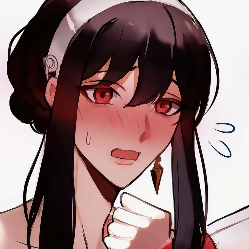 動漫女孩 桌布 壁紙 — 一個苦惱的動漫女孩，黑髮紅眼，緊握拳頭，汗水從臉上滴落。