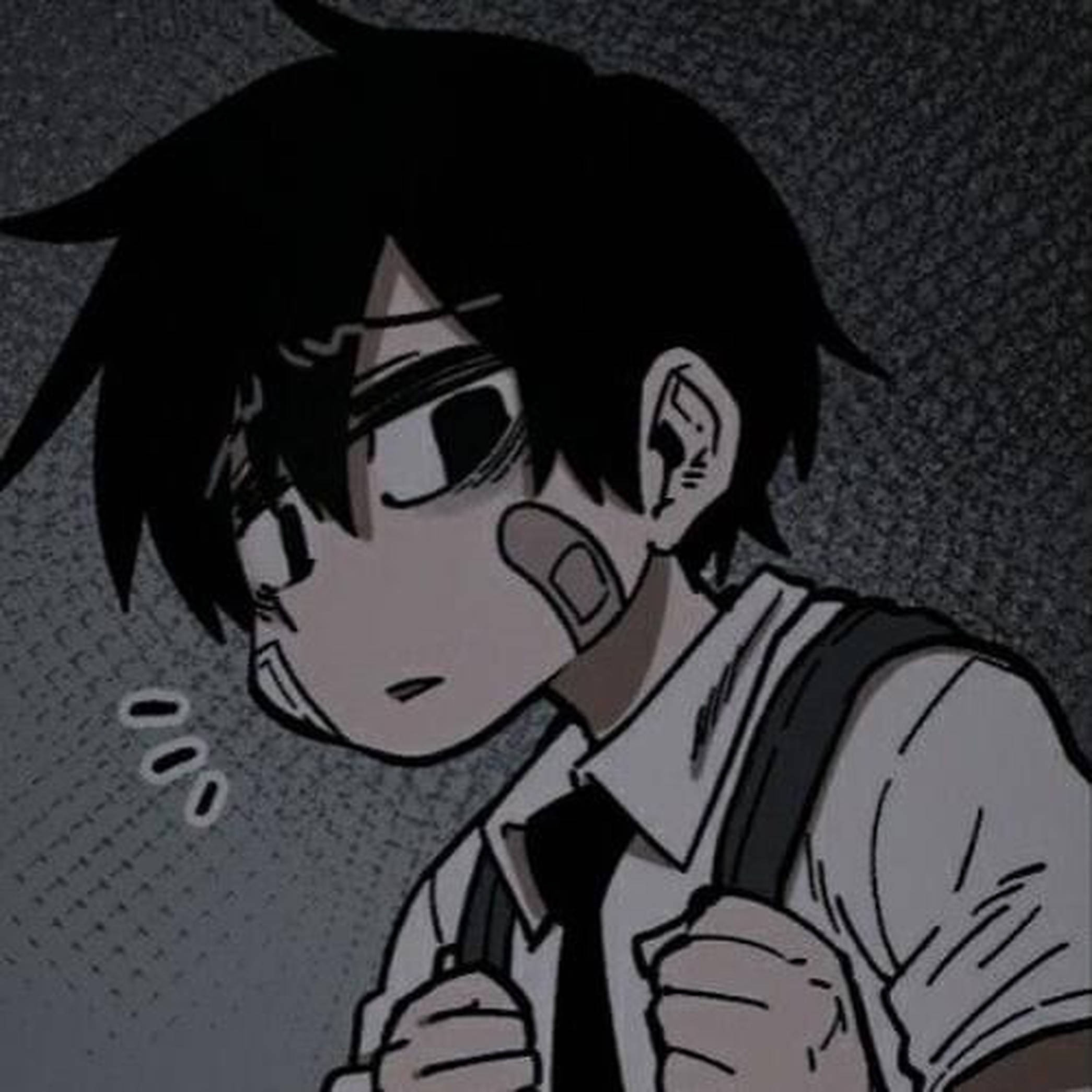 emo 頭像 桌布 壁紙 — 一個苦惱的動漫男孩，臉頰纏著繃帶，握緊拳頭，背景是粗糙的灰色。