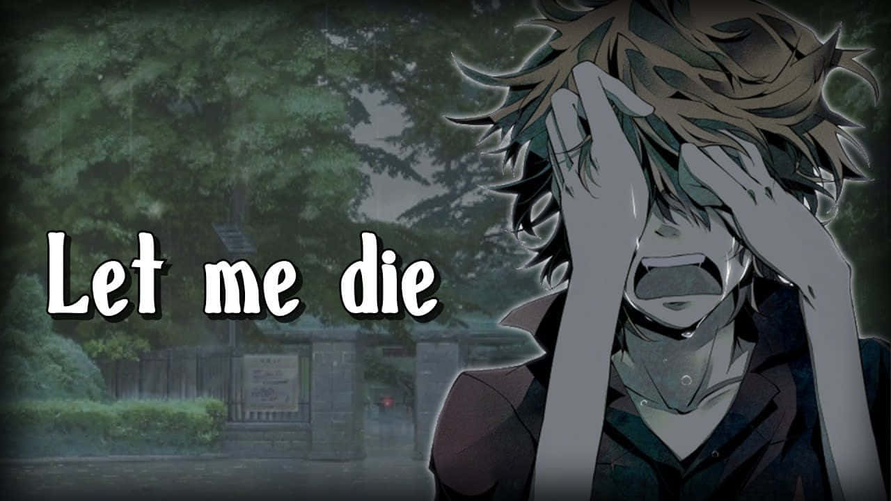 depressed anime 桌布 壁紙 — 一個苦惱的動漫男孩，頭髮凌亂，在陰暗的雨天花園背景下痛苦地遮住臉。