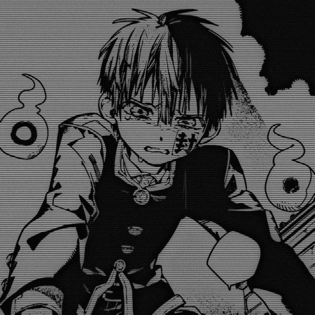 動漫男孩 桌布 壁紙 — 一個苦惱的動漫男孩，頭髮凌亂，臉上帶著淚痕，坐在一個粗糙的黑白漫畫面板中，周圍環繞著旋轉的幽靈般靈魂。