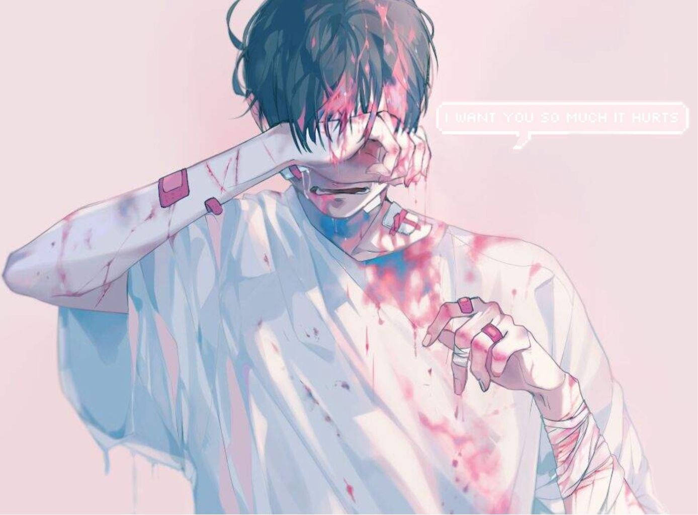 動漫 桌布 壁紙 — 一個苦惱的動漫男孩，黑髮，白色襯衫上佈滿紅色飛濺，一隻手遮住臉，另一隻手握著一把血淋淋的刀。