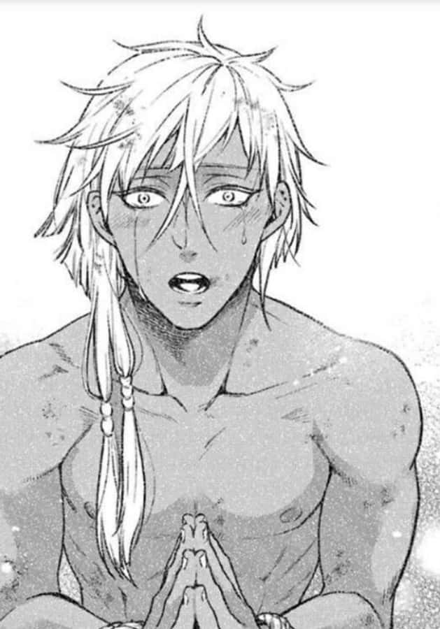 Black Butler Agni 桌布 壁紙 — 一個苦惱的動漫男性，有著尖刺的白髮和淚痕，在雪景背景下合十祈禱。