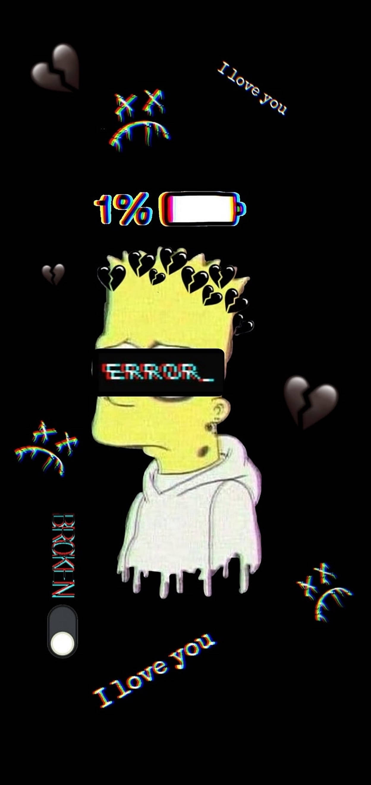 Simpson 桌布 壁紙 — 一個苦惱的巴特·辛普森，電量1%並顯示錯誤訊息，被破碎的心和「I love you」文字包圍，背景為黑色。
