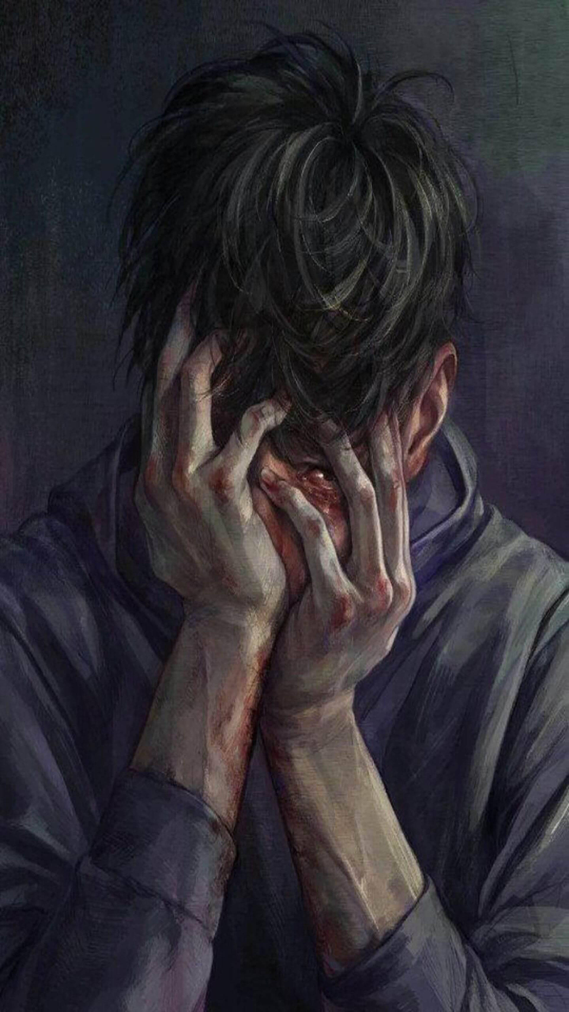 桌布 壁紙 — 一個苦惱的深色頭髮人用沾滿血的手遮住臉，背景陰暗。