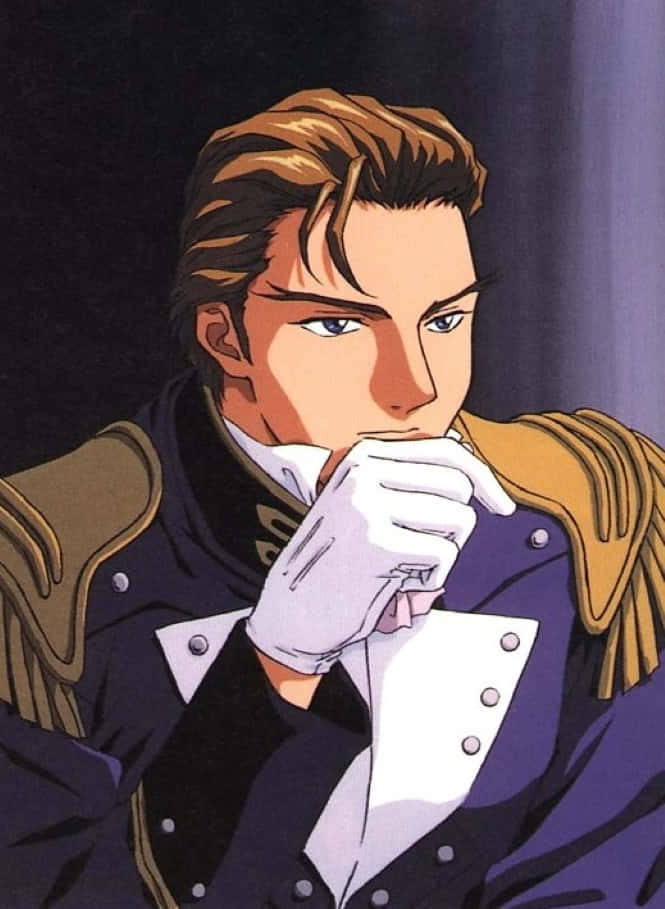 treize khushrenada 桌布 壁紙 — 一個英俊的動漫男子穿著紫色軍裝，配有金色肩章和白色手套，在深色背景中用手托著下巴。