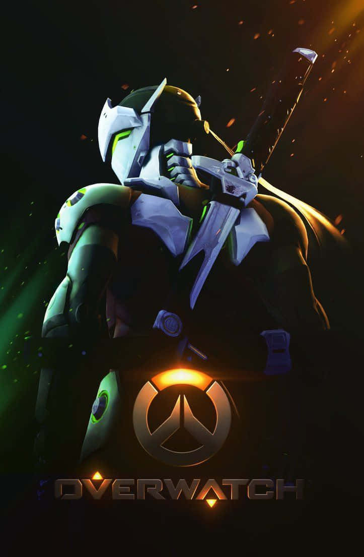 iPhone Xs Overwatch 桌布 壁紙 — 一個英勇的《Overwatch》角色身穿白色和綠色盔甲，手持發光武器，站在黑暗背景前，周圍有火花飛濺。