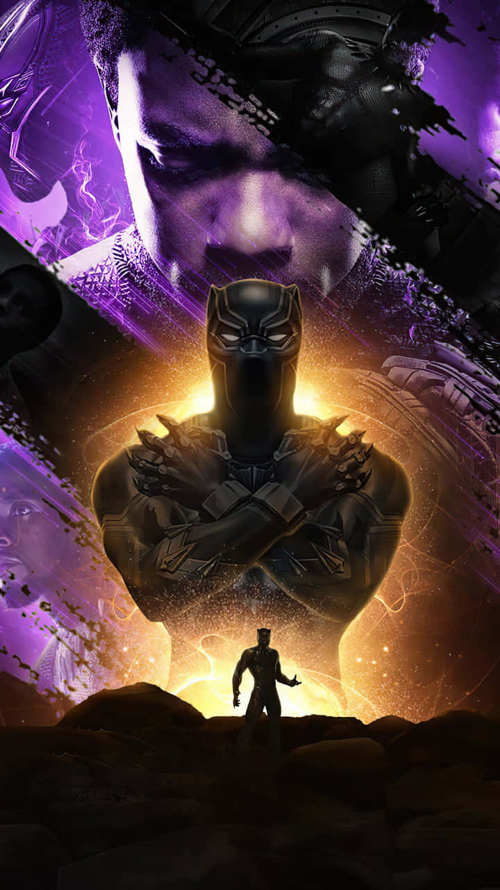 Vibranium 桌布 壁紙 — 一個英勇的黑豹站在發光的金色傳送門前，呈現剪影，上方有一個巨大的紫色和金色宇宙人物籠罩著。