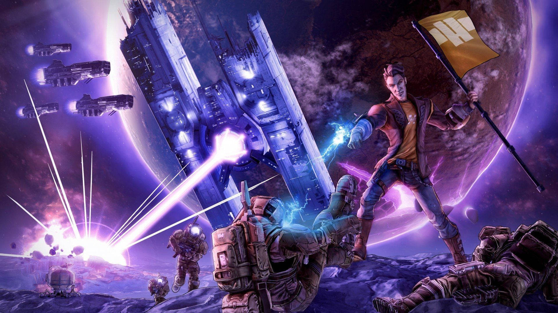 Borderlands 3 桌布 壁紙 — 一個英雄人物在一個外星行星上勝利地站立，手持旗幟，而太空船在發光的紫色行星上空戰鬥。