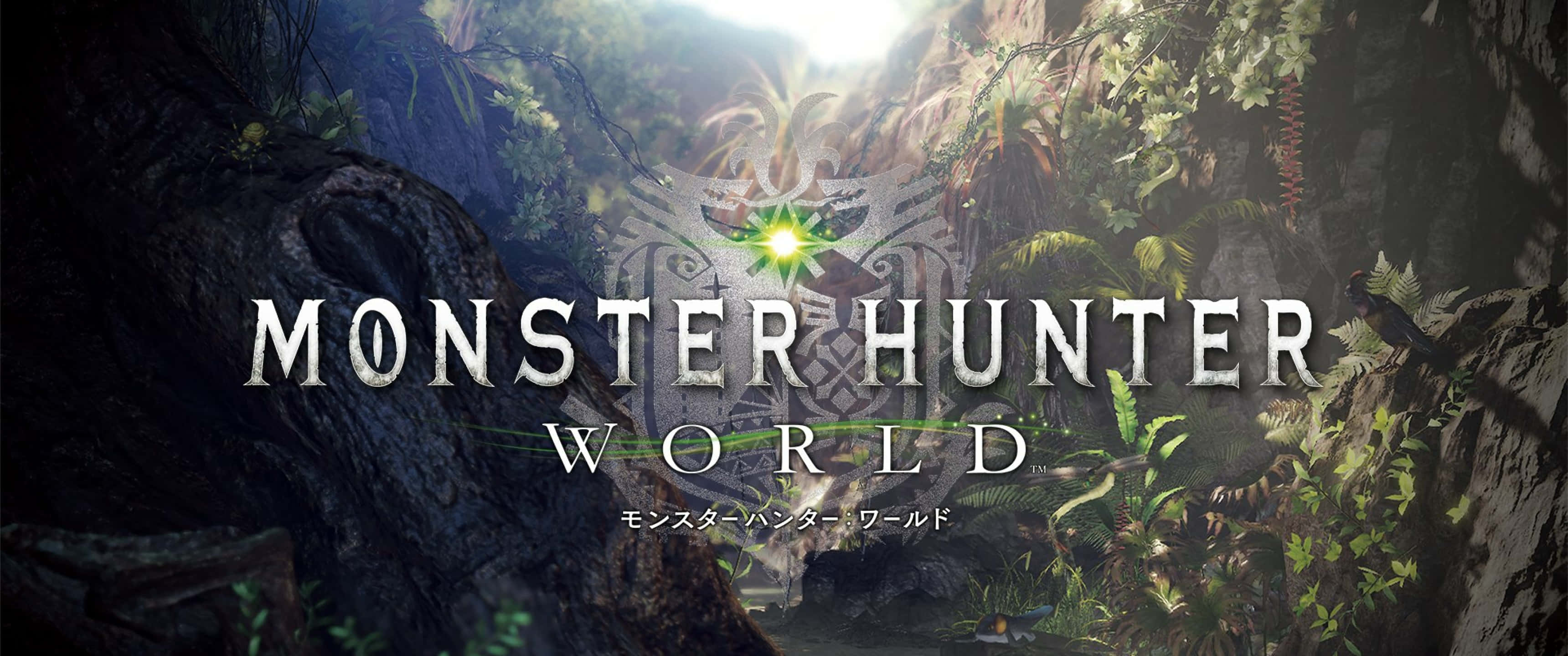 森林 桌布 壁紙 — 一個茂密的叢林峽谷沐浴在斑駁的陽光中，Monster Hunter World 標誌在中央發光。