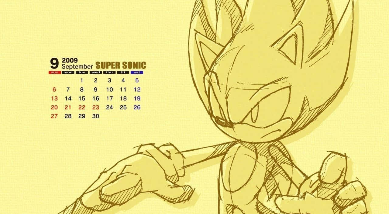 Super Sonic 桌布 壁紙 — 一個草圖風格的超級索尼克以動態姿勢主導著2009年9月的日曆，背景為淡黃色。