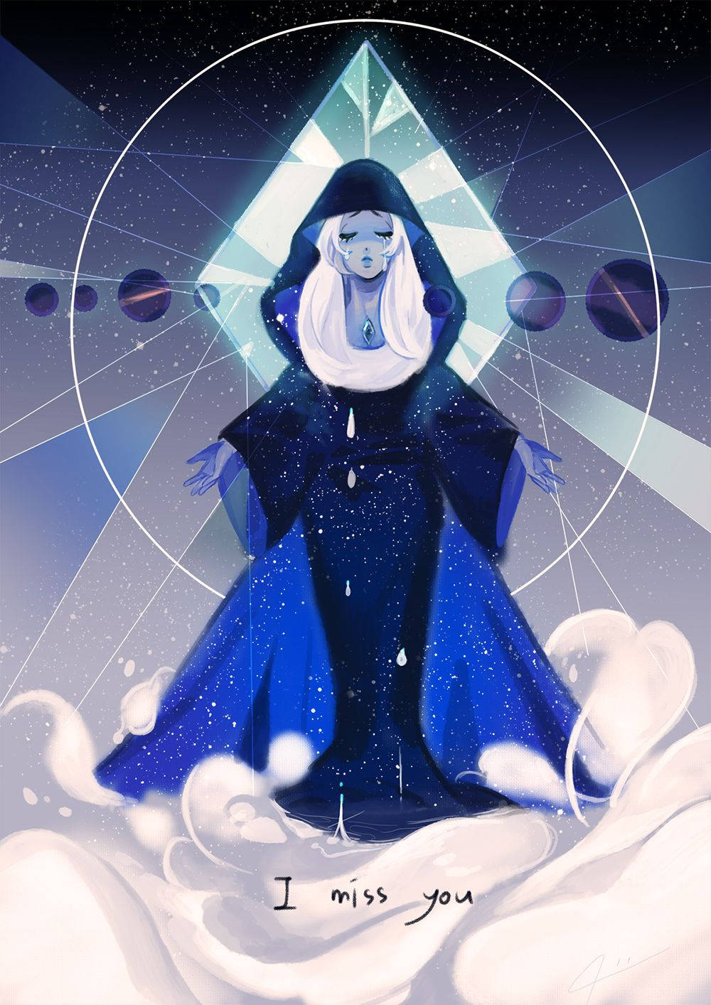 史帝芬宇宙 桌布 壁紙 — 一個莊嚴的動漫人物穿著星藍色長袍，站在雲端之上，下方是發光的水晶，周圍環繞著天體球體和宇宙幾何圖案。