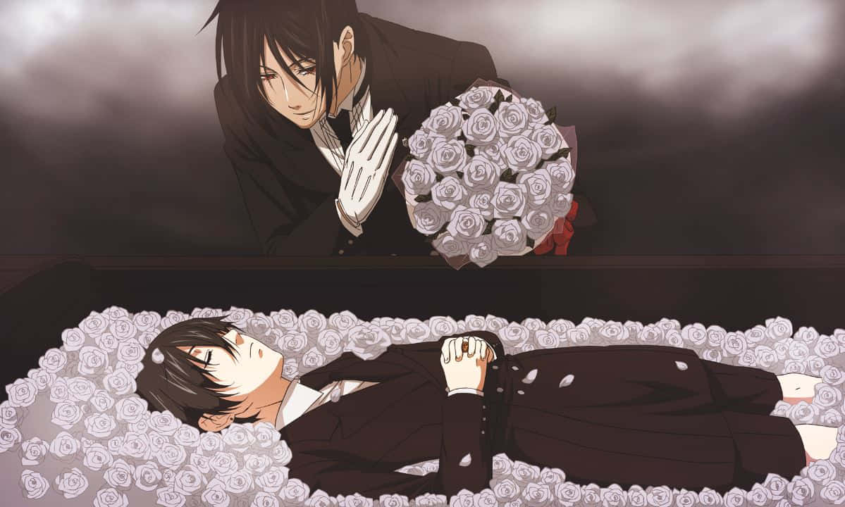 sebastian michaelis 桌布 壁紙 — 一個莊嚴的動漫場景，一名穿著西裝的男子跪在一個裝滿白玫瑰的棺材旁，手持一束花，而另一名男子躺在裡面。