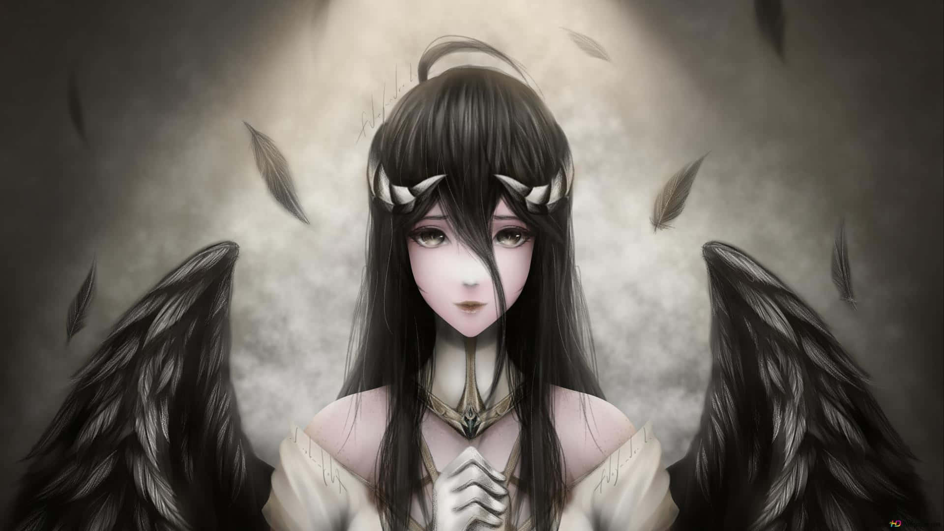 黑色動畫gif 桌布 壁紙 — 一個莊嚴的動漫女孩，長著黑色翅膀和羽毛角，凝視前方，黑暗的羽毛在她周圍的柔和灰色薄霧中飄動。
