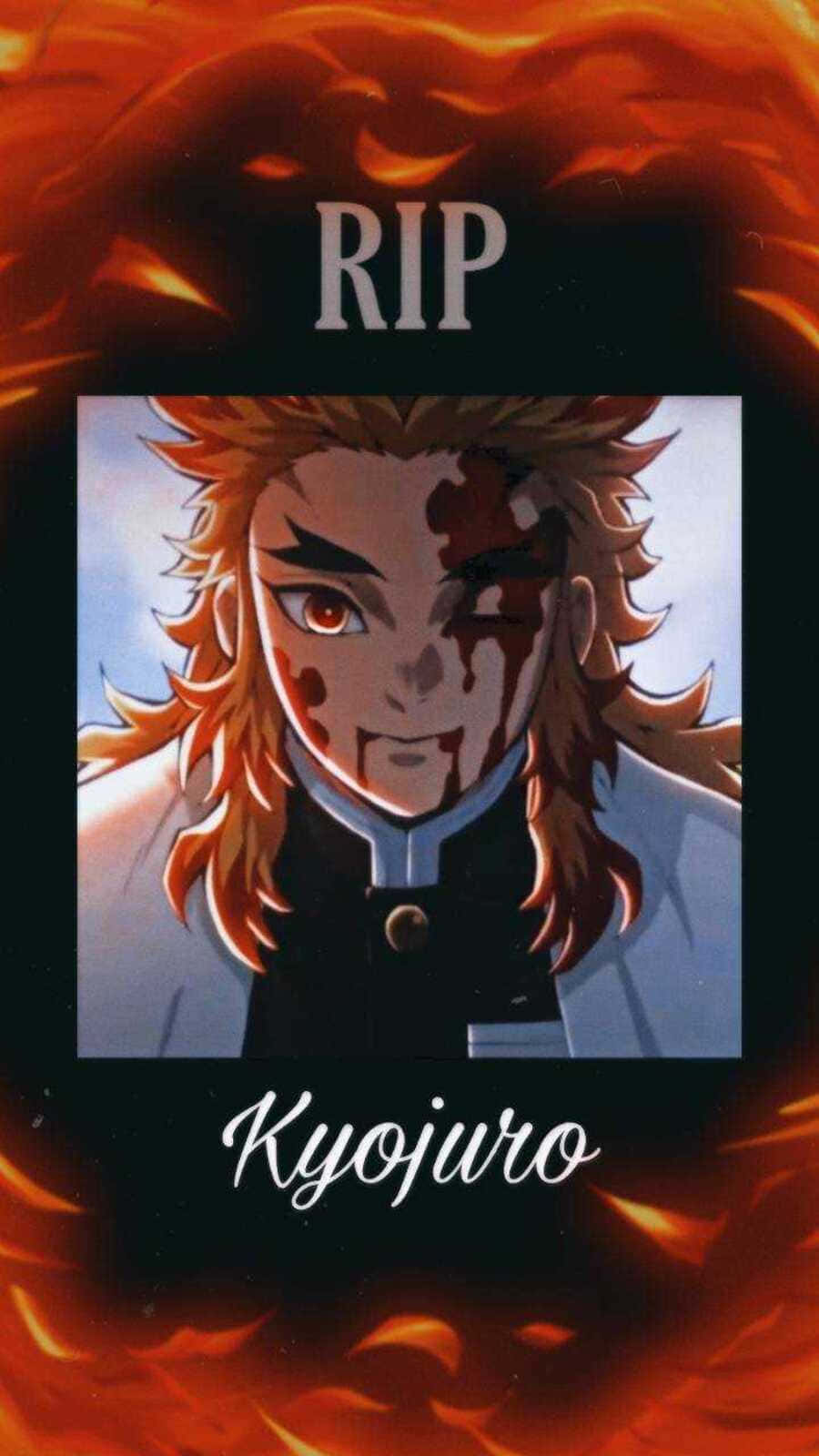 Rengoku Aesthetic 桌布 壁紙 — 一個莊嚴的動漫肖像，描繪一位血跡斑斑的戰士，擁有火橙色頭髮，周圍環繞火焰和RIP文字。