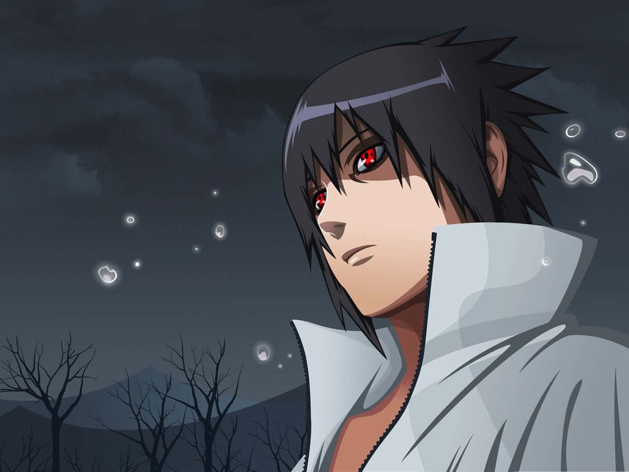 sasuke sharingan 桌布 壁紙 — 一個莊嚴的動漫角色，紅眼睛、黑頭髮，站在陰沉的夜空下，周圍有光禿禿的樹木和漂浮的球體。