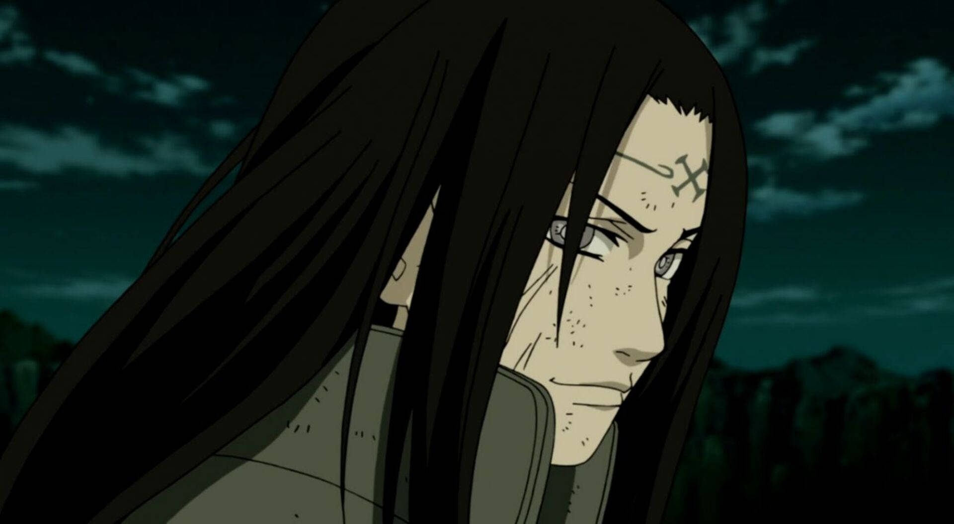 Neji 桌布 壁紙 — 一個莊嚴的動漫角色，長長的黑髮和額頭標記，在黑暗多雲的夜空下向下凝視。