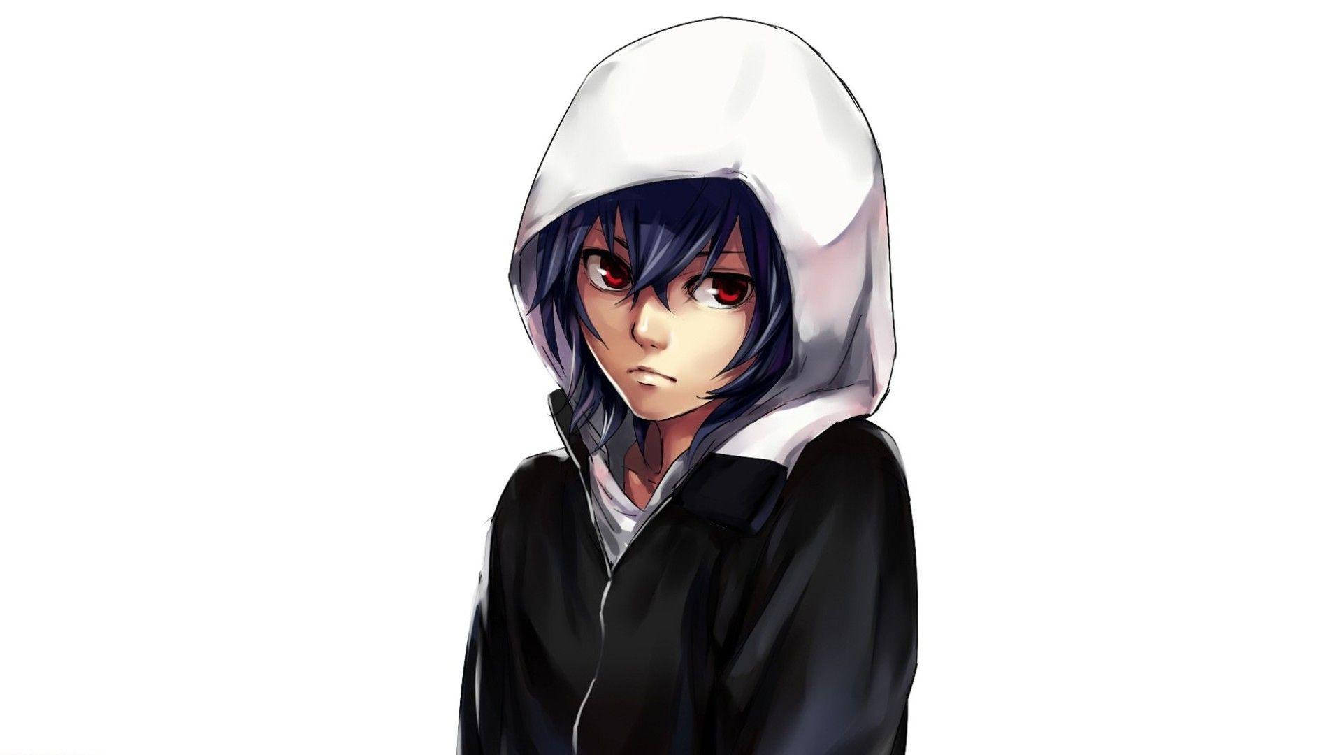 Hoodie 桌布 壁紙 — 一個莊嚴的動漫角色，黑髮紅眼，穿著帶白色帽子的黑色連帽衫，背景為純白色。