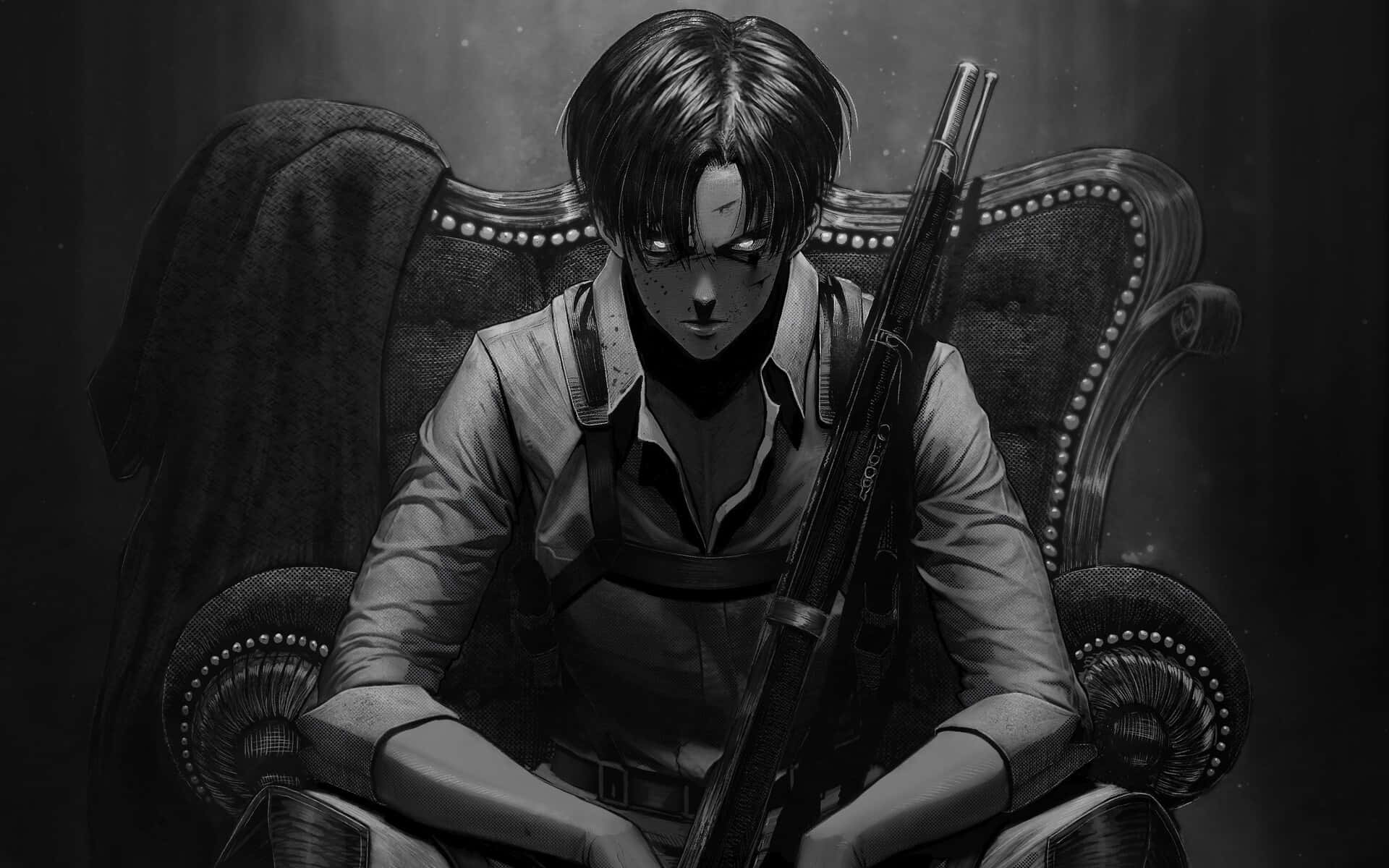 Levi Ackerman Desktop 桌布 壁紙 — 一個莊嚴的動漫角色坐在華麗的椅子上，在戲劇性的燈光下拿著步槍。
