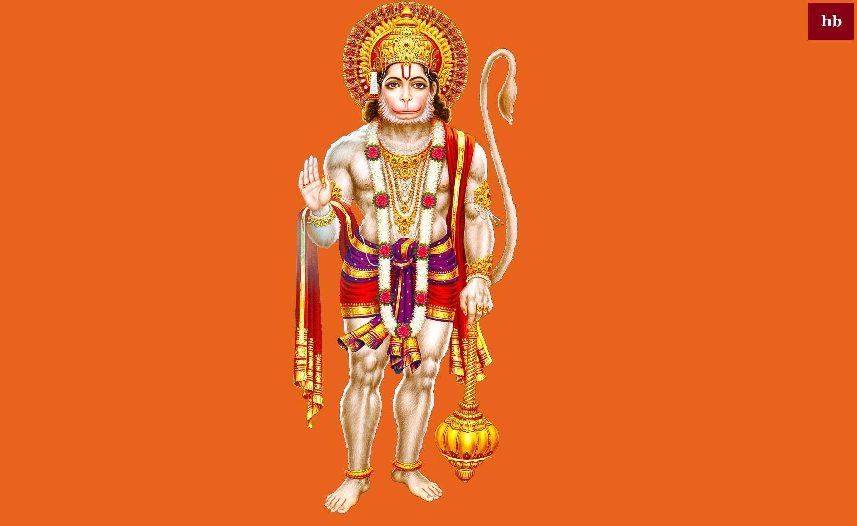 lord hanuman HD 桌布 壁紙 — 一個莊嚴的插畫猴神，飾有黃金珠寶和紅紫色服飾，站在純橙色背景前。