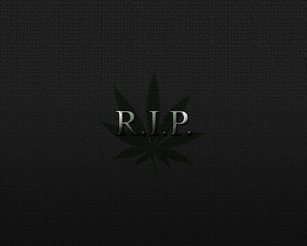 Rip 桌布 壁紙 — 一個莊嚴的深色紋理背景，金屬R.I.P.字母居中於一個模糊的大麻葉剪影之上。