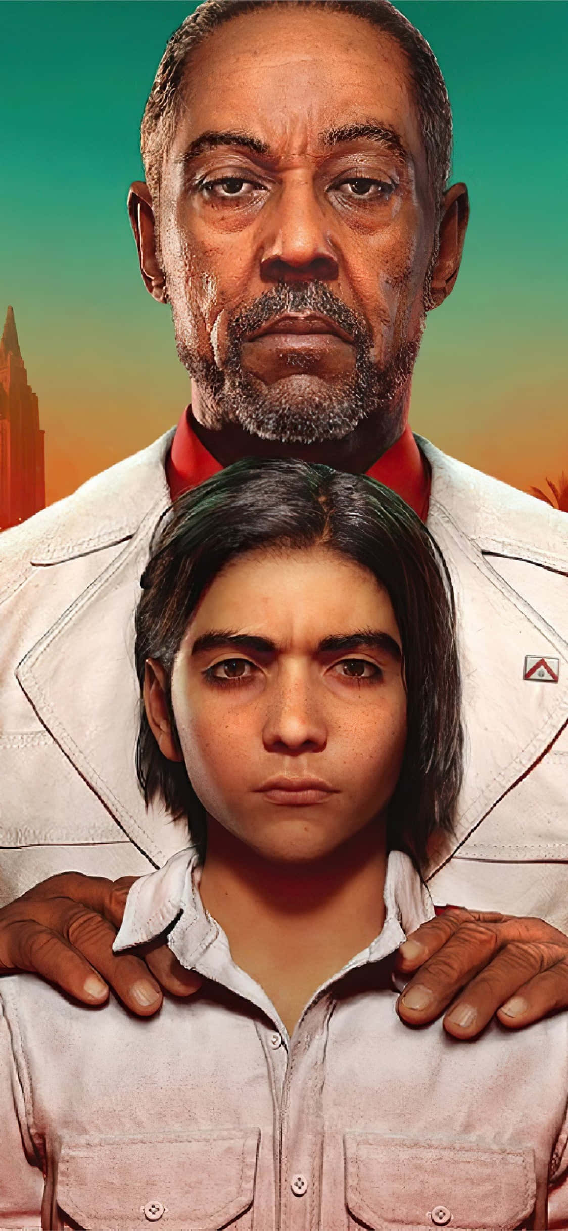 iPhone X Far Cry 3 桌布 壁紙 — 一個莊嚴的男人和一個穿著白色外套的年輕女子，在溫暖的漸變日落背景下，手搭在肩膀上緊密地站在一起。