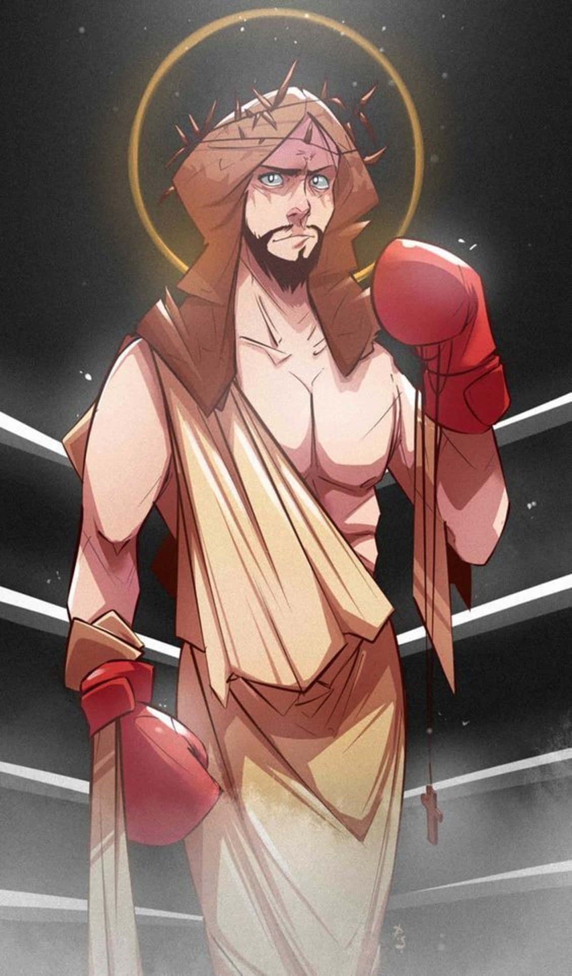 Cool Jesus 桌布 壁紙 — 一個莊嚴的耶穌，戴著荊棘冠冕和紅色拳擊手套，站在發光光環下的擂台上。