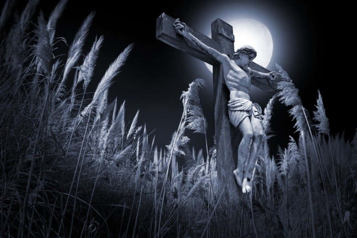 Cool Jesus 桌布 壁紙 — 一個莊嚴的耶穌十字架雕像矗立在高高的蘆葦叢中，背景是發光的滿月，構成單色夜景。