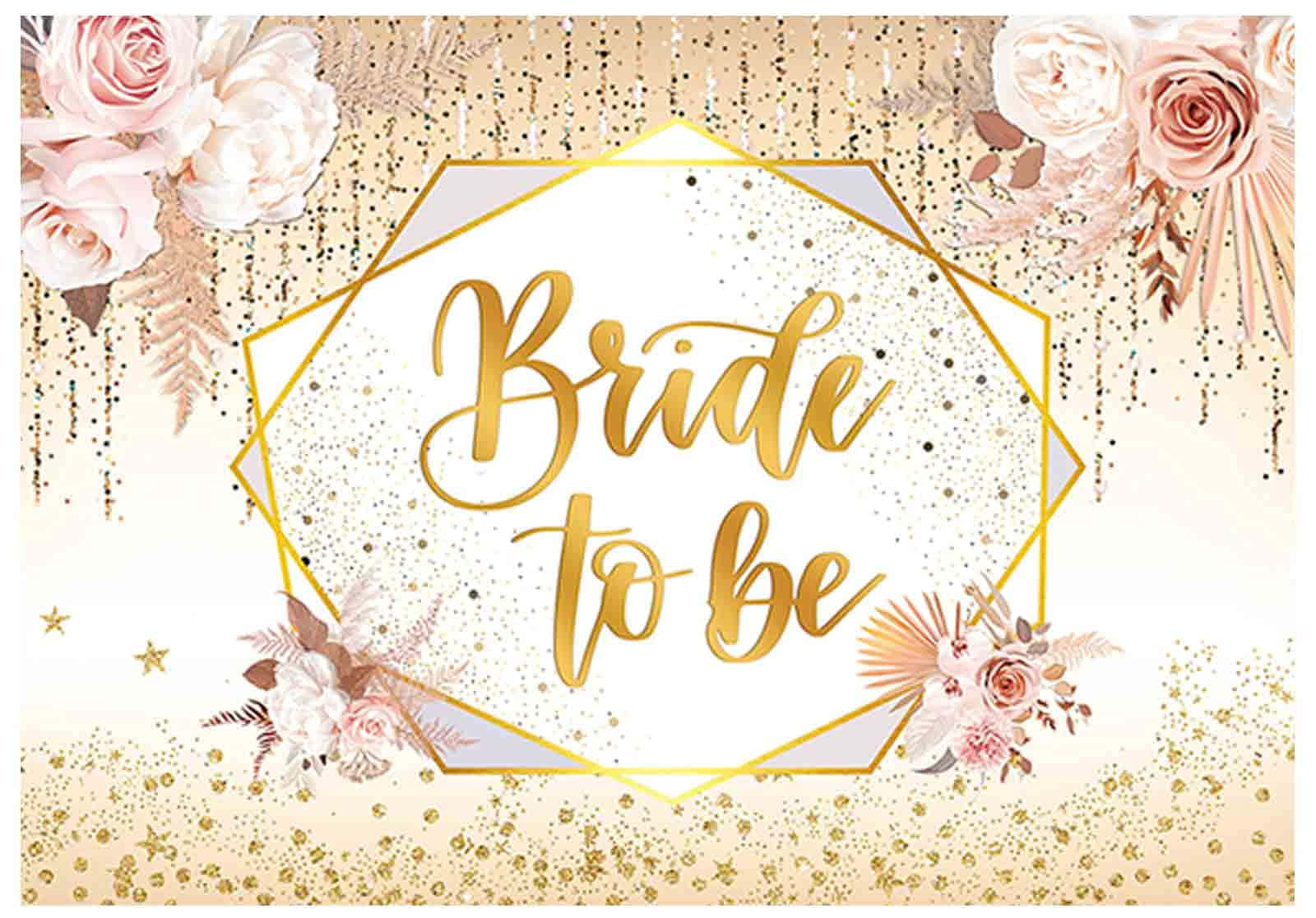 Bridal Shower 桌布 壁紙 — 一個華麗的「Bride to be」背景，帶有金色閃粉星星和柔和的粉紅玫瑰，置於幾何框架內。