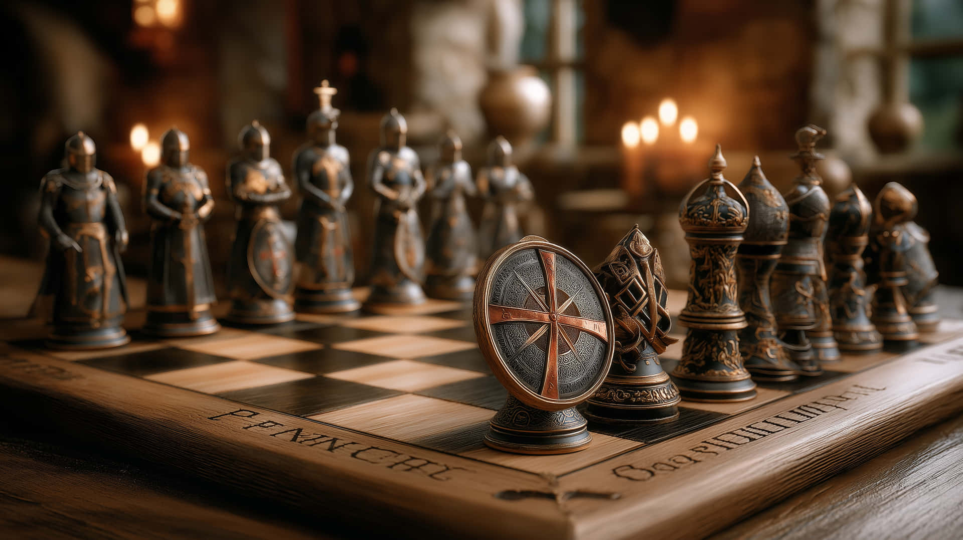 Intricate Chessboard Display with Detailed Pieces 壁紙 — 一個華麗的中世紀國際象棋套裝，騎士和主教棋子放在刻有'PRINCE'和'COUNTESS'的木製棋盤上，在溫暖的燭光下。