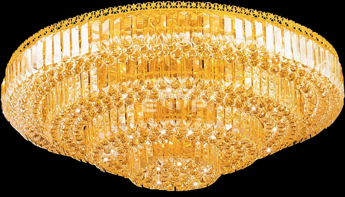 Chandelier 桌布 壁紙 — 一個華麗的圓形金色水晶吊燈，帶有層疊的棱鏡和精緻的金銀絲細工，在黑色背景下閃耀。