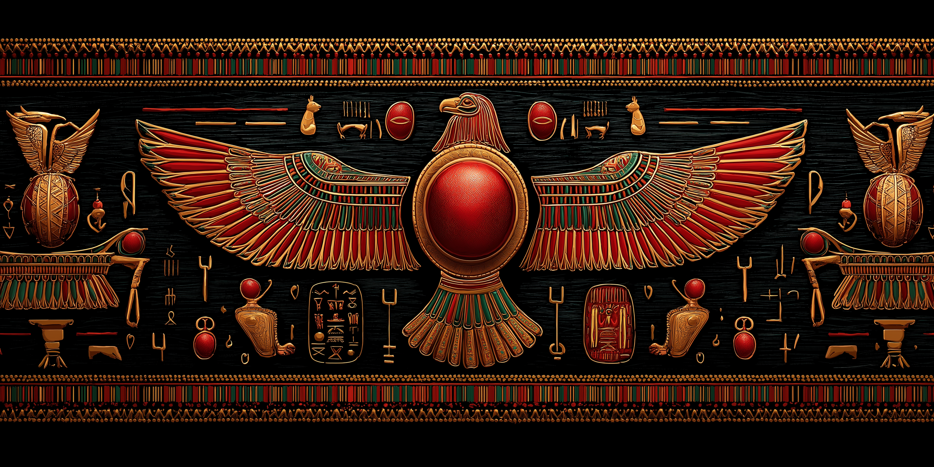 Pharaoh 桌布 壁紙 — 一個華麗的埃及牆板，中央有一隻金色聖甲蟲展開翅膀，兩側是象形文字和儀式物品，背景為深色。