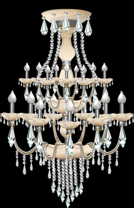 Chandelier 桌布 壁紙 — 一個華麗的多層吊燈，帶有水晶滴和奶油色的燈臂，在黑色背景下閃耀。